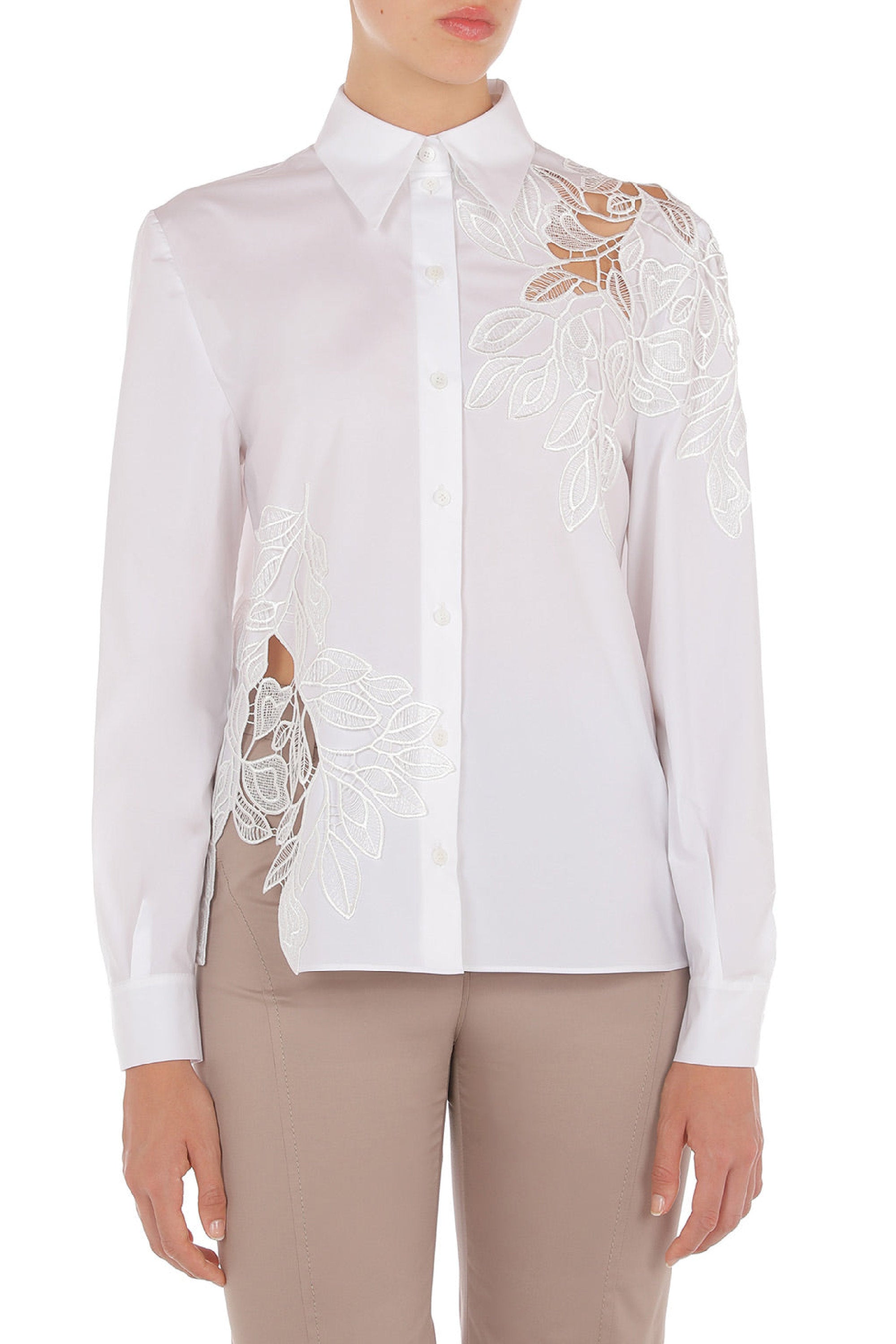 Chemise en coton brodée avec appliqués floraux - White