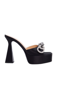 Double Bow 140 platform mules in silk & rhinestone - Black