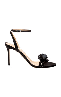 Flower 95 heeled sandals in silk & rhinestone - Black