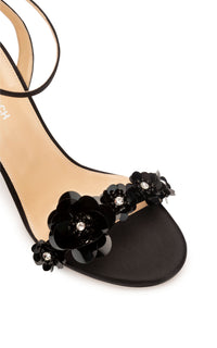 Flower 95 heeled sandals in silk & rhinestone - Black