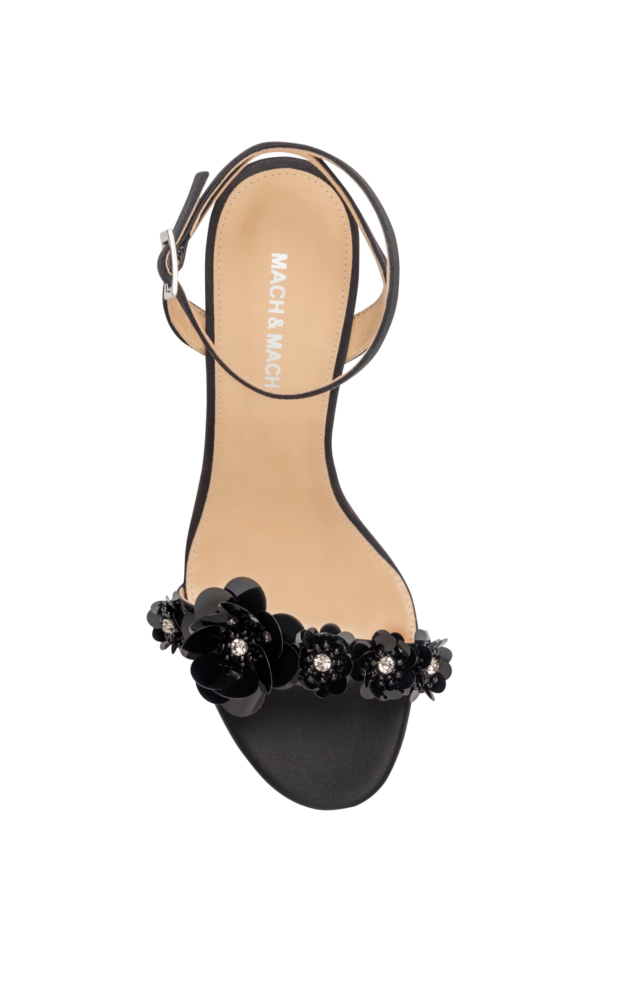 Flower 95 heeled sandals in silk & rhinestone - Black
