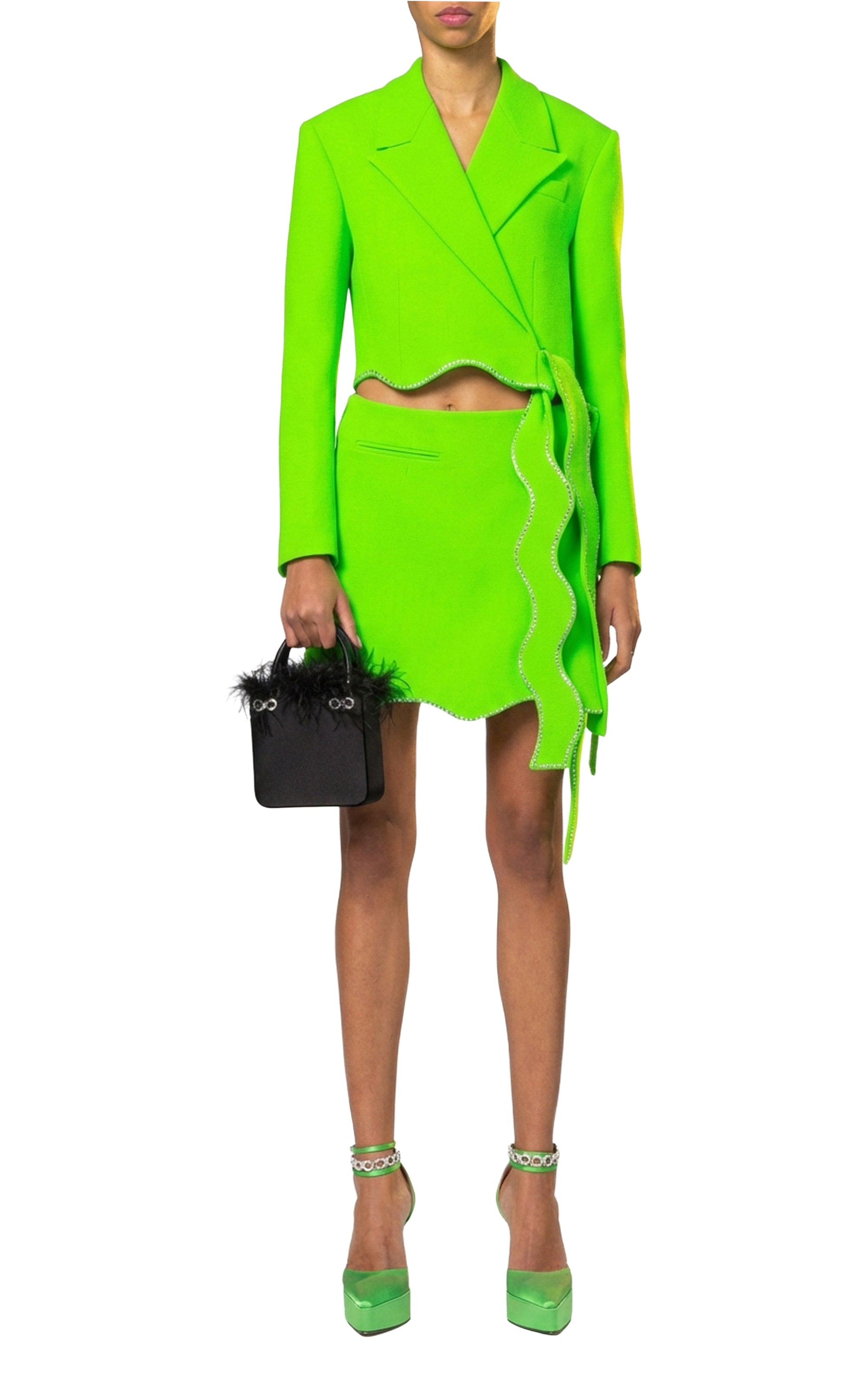 Wavy short skirt in wool & strass - Green