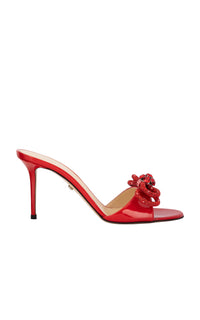 Double Bow 85 heeled mules in patent leather & rhinestone - Red