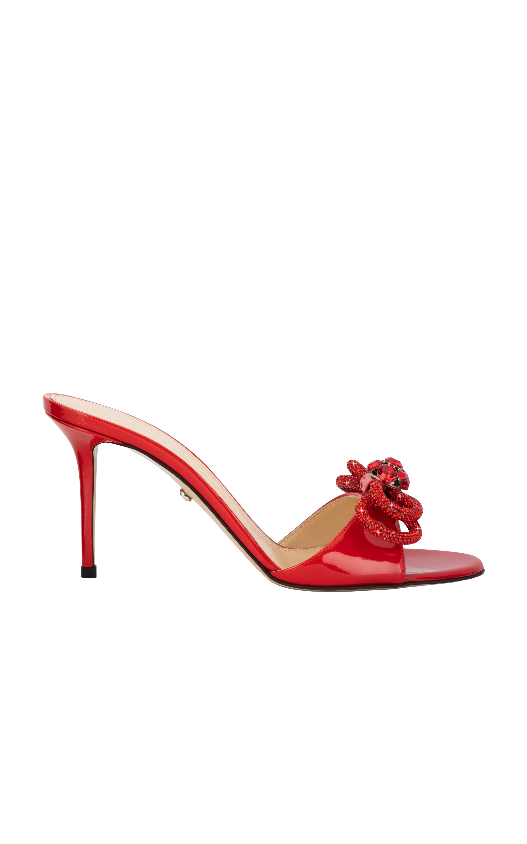 Double Bow 85 heeled mules in patent leather & rhinestone - Red