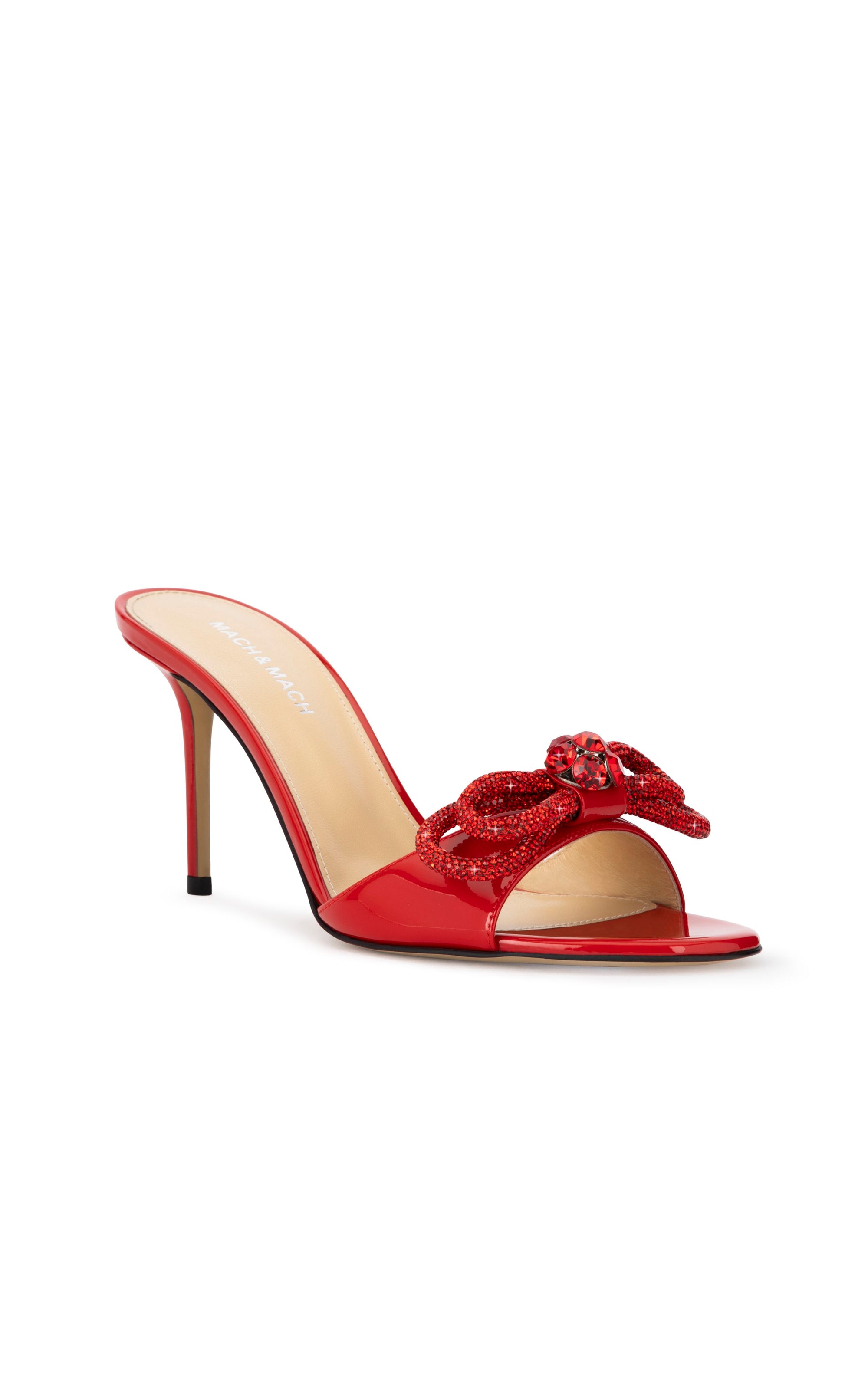 Double Bow 85 heeled mules in patent leather & rhinestone - Red