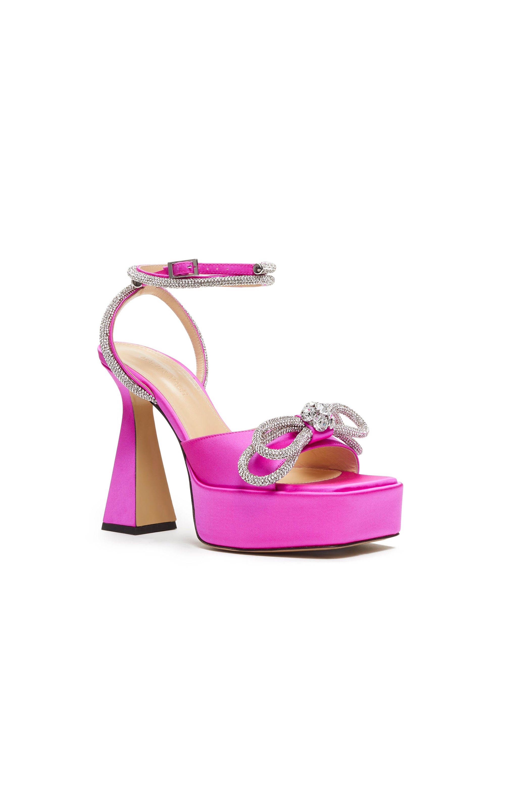 Double Bow 140 platform sandals in silk & strass - Fuchsia