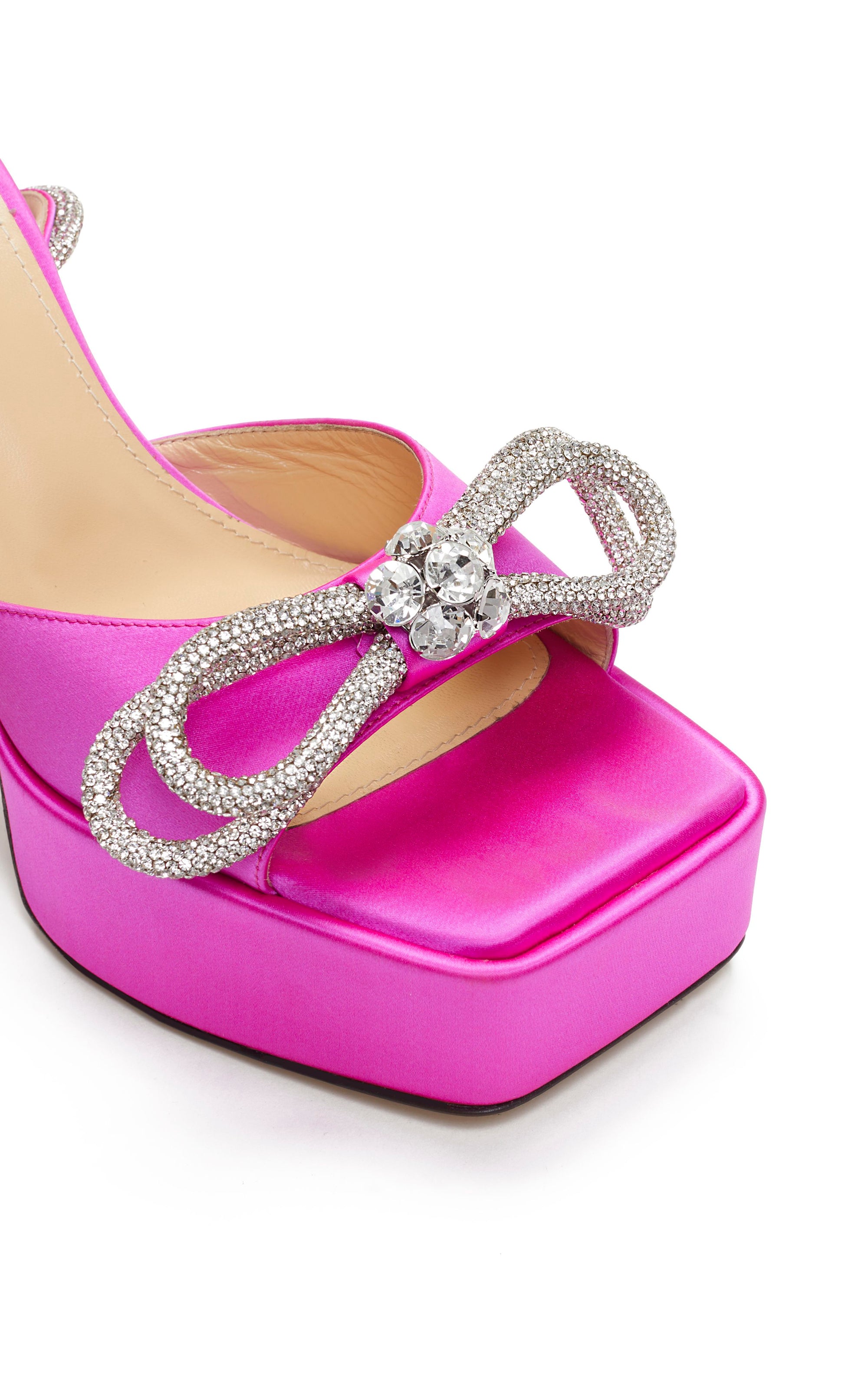 Double Bow 140 platform sandals in silk & strass - Fuchsia