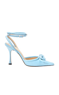 Double Bow 100 strappy pumps in leather & rhinestone - Light Blue