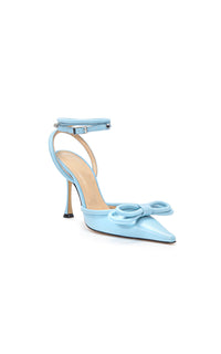 Double Bow 100 strappy pumps in leather & rhinestone - Light Blue