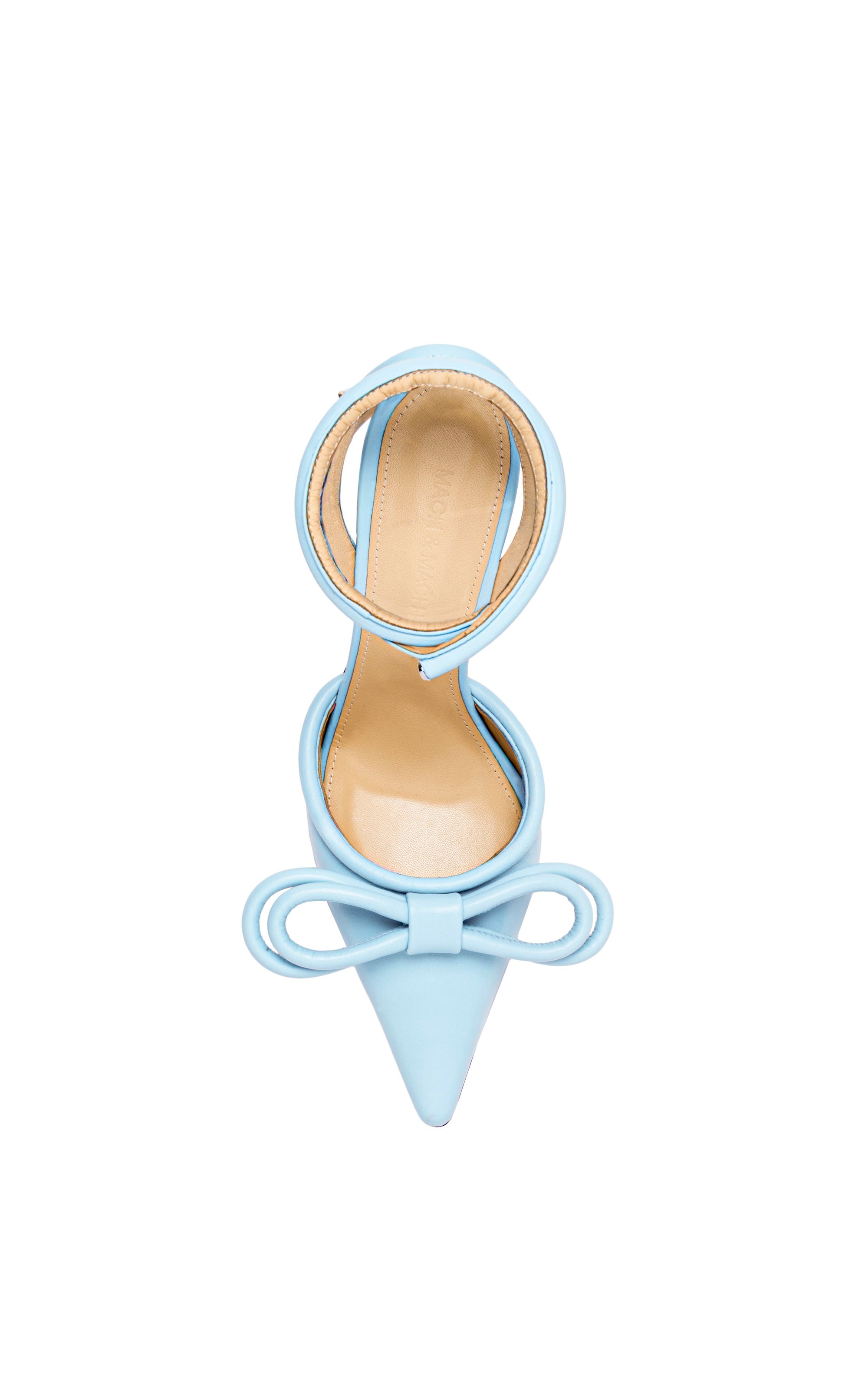 Double Bow 100 strappy pumps in leather & rhinestone - Light Blue