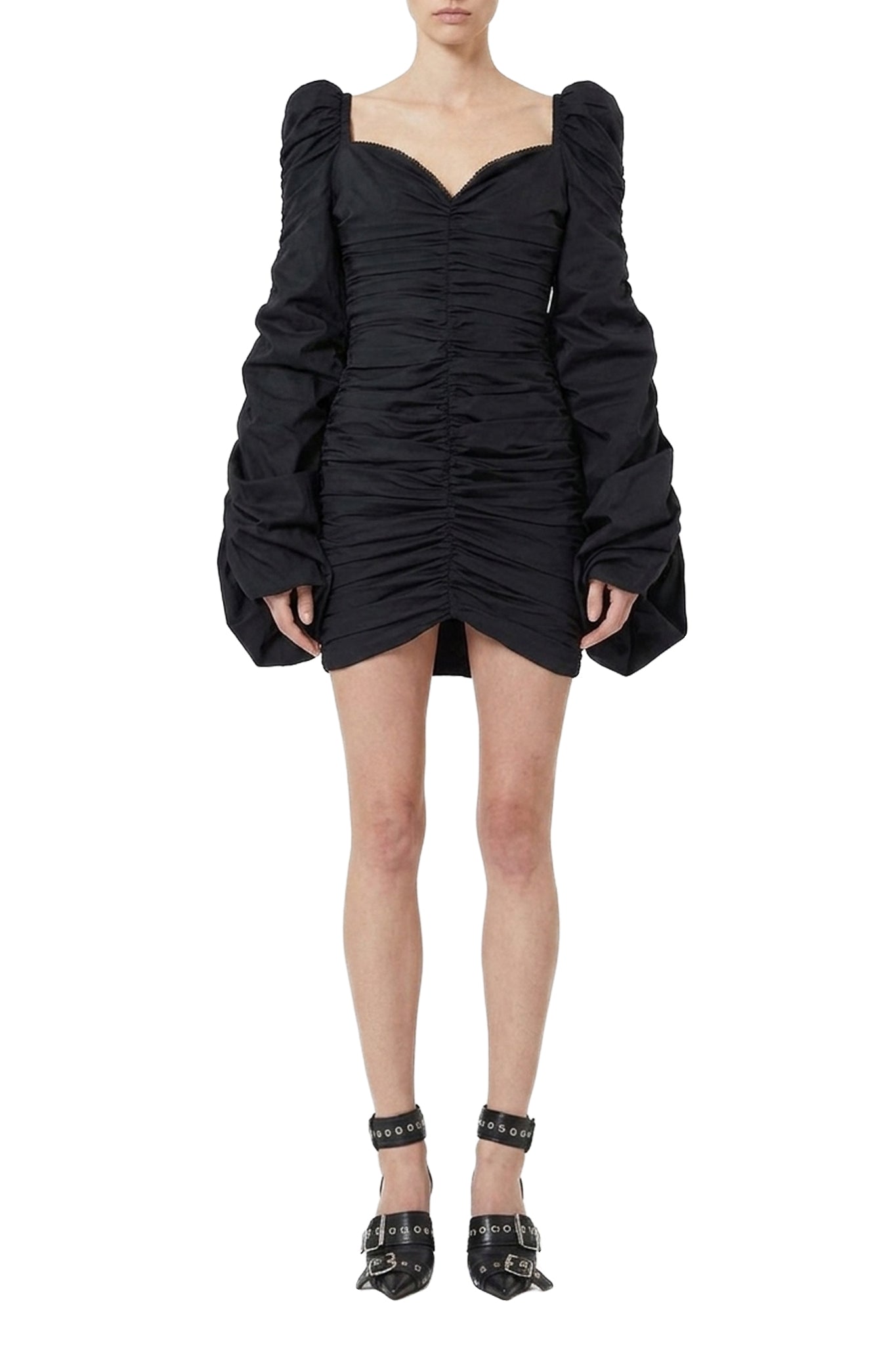 Robe courte froncée à manches bouffantes - Black