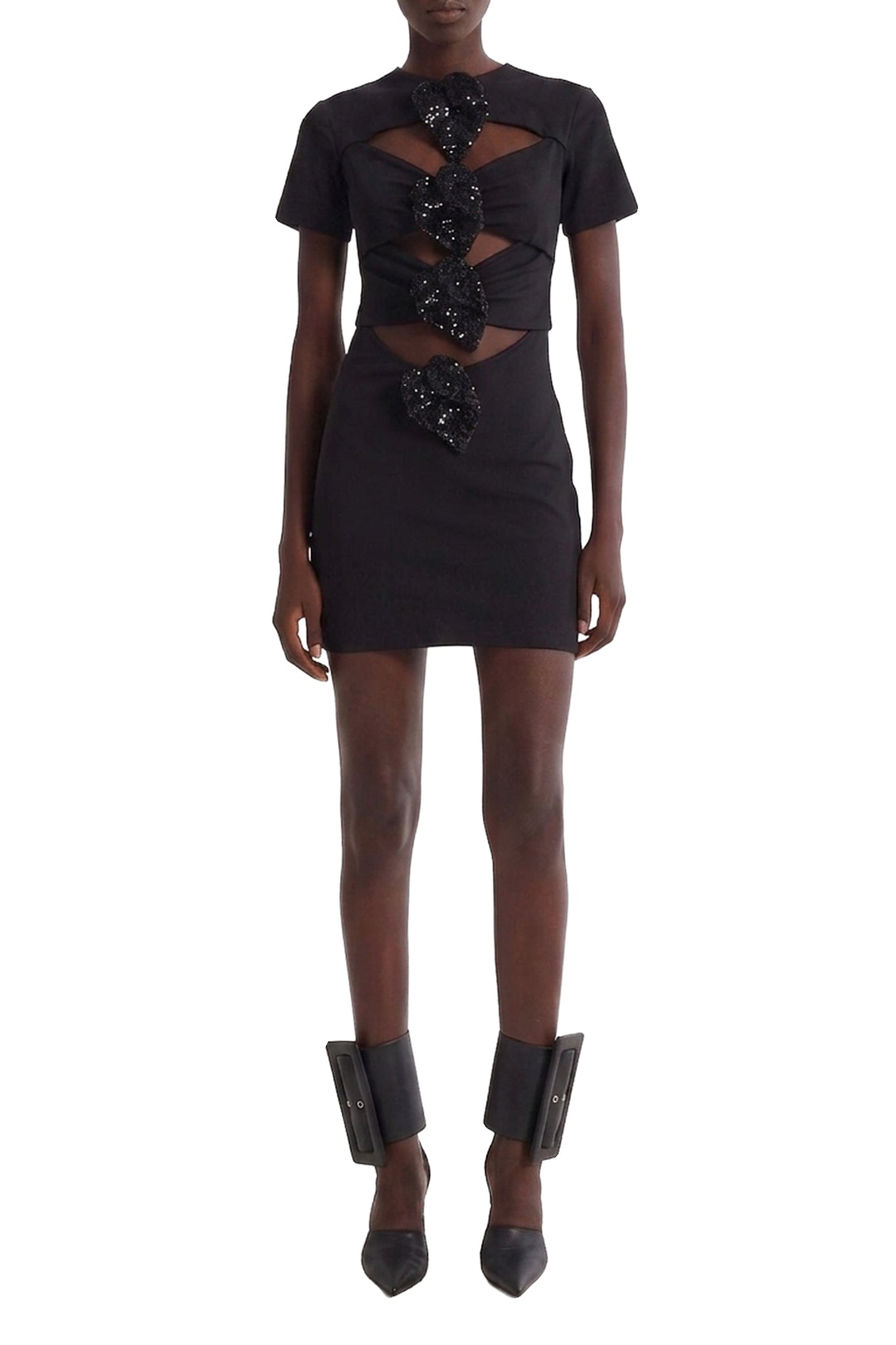 Robe courte à découpes et fleurs sequins - Black