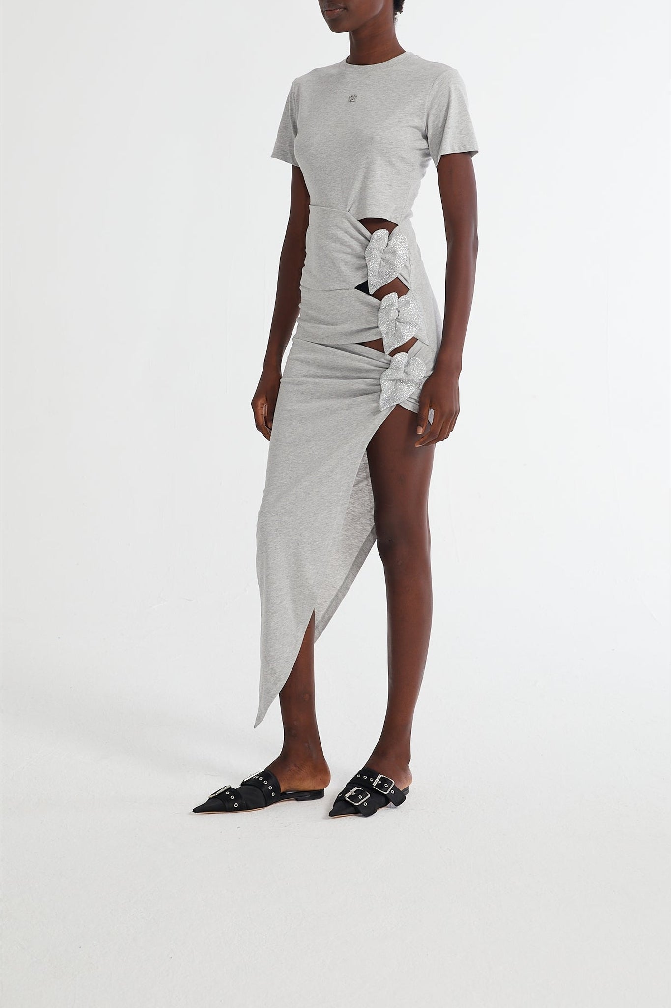 Robe longue asymétrique avec découpes & nœuds - Grey
