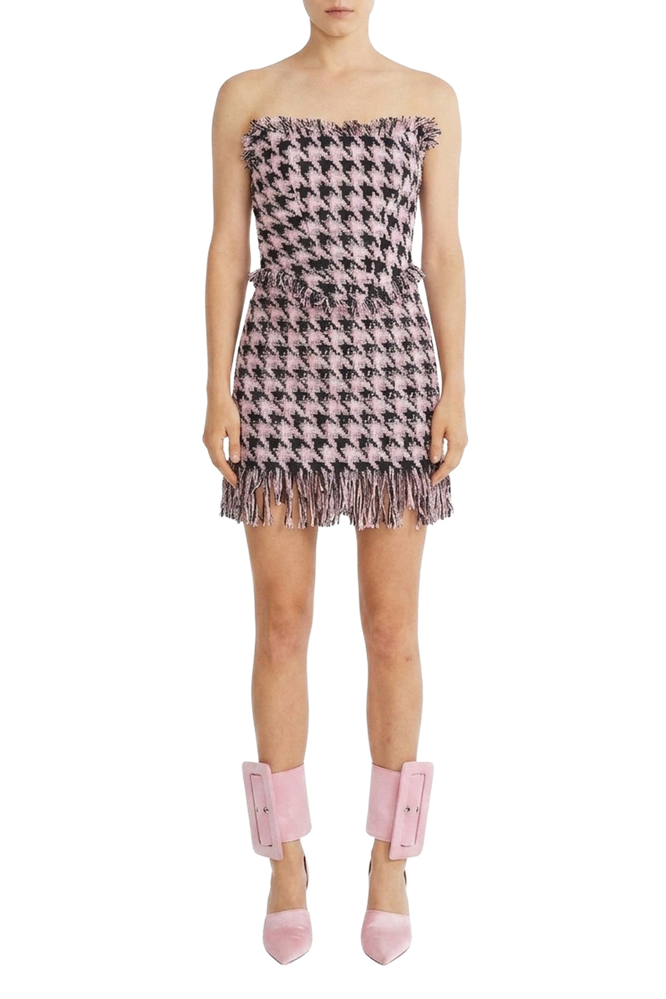 Robe courte bustier pied-de-poule à franges - Pink & Black