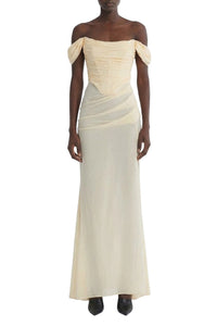 Robe longue drapée à épaules dénudées en soie - Cream