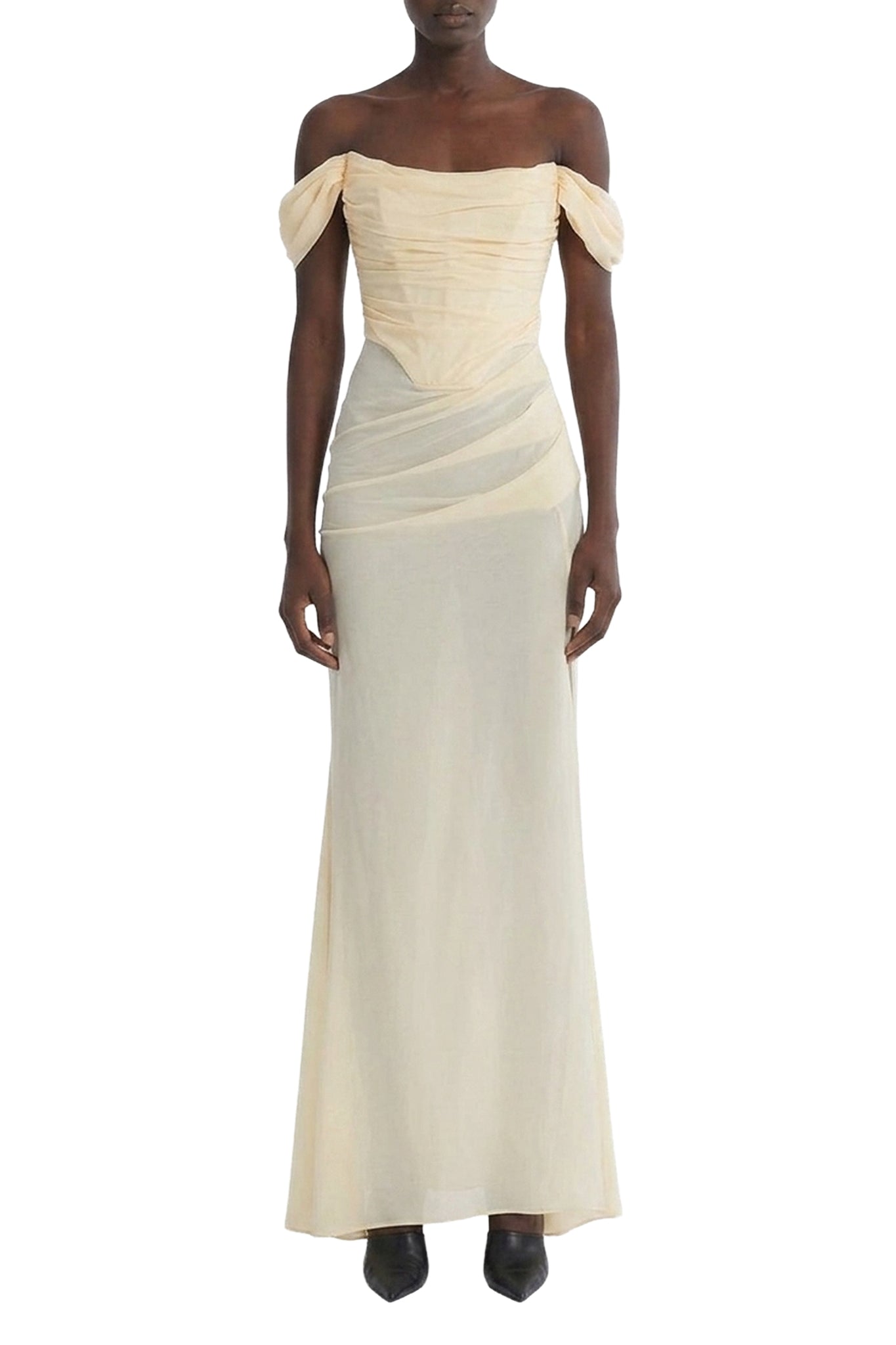 Robe longue drapée à épaules dénudées en soie - Cream