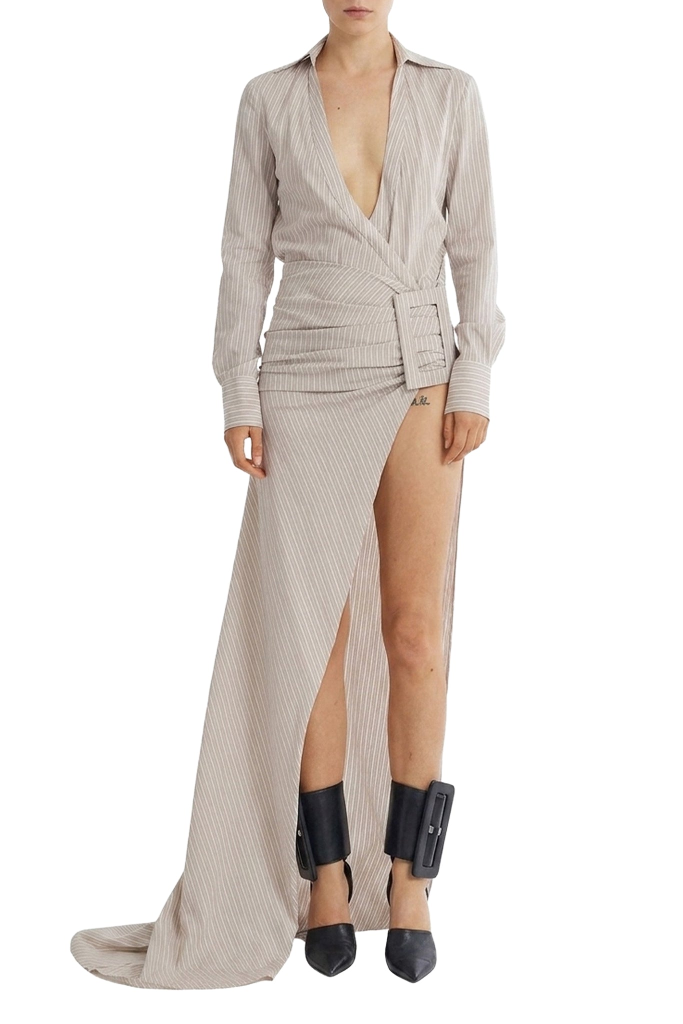 Striped shirt dress with a slit - Beige