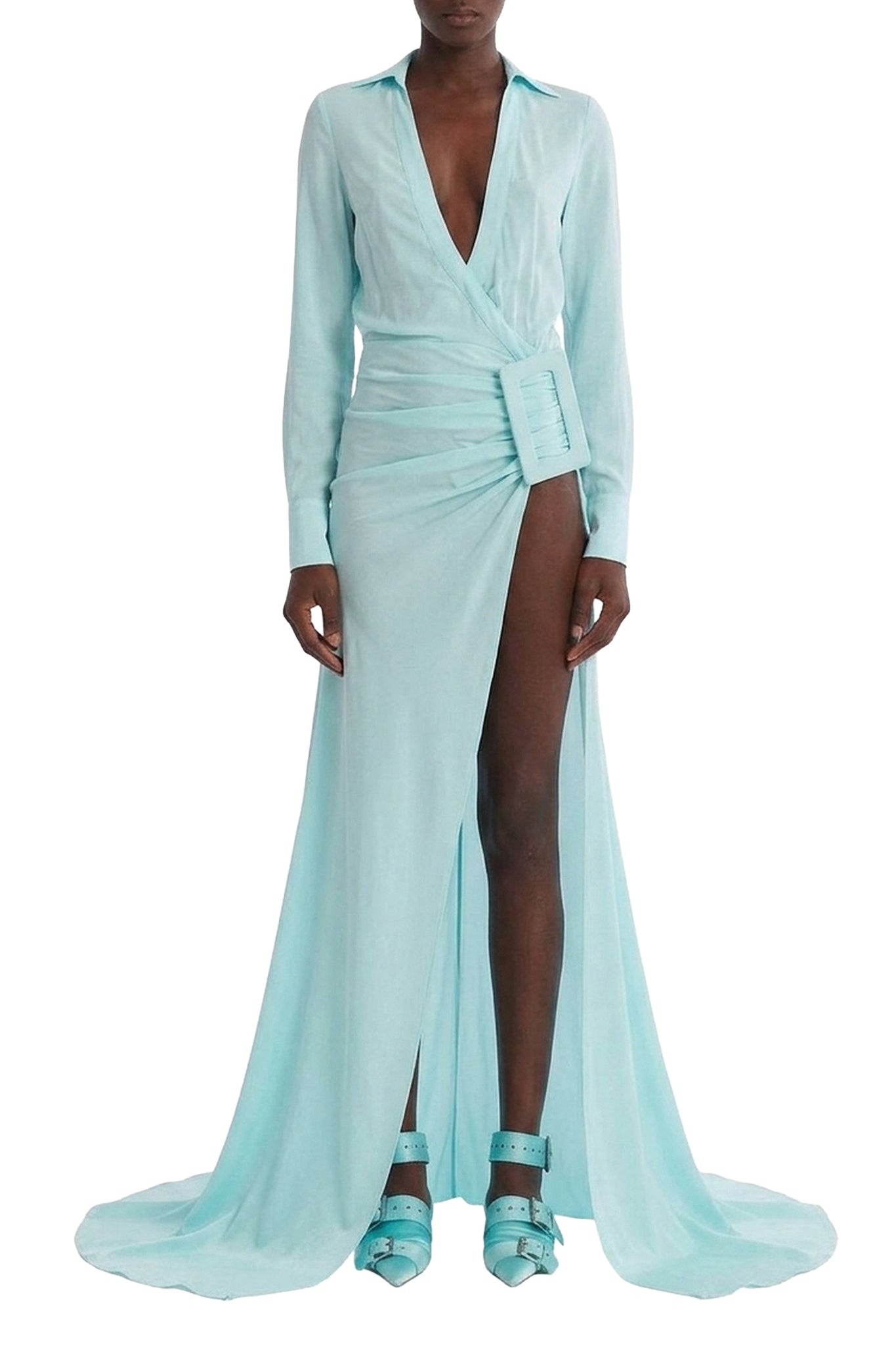 Robe longue asymétrique à boucle en soie - Aquamarine
