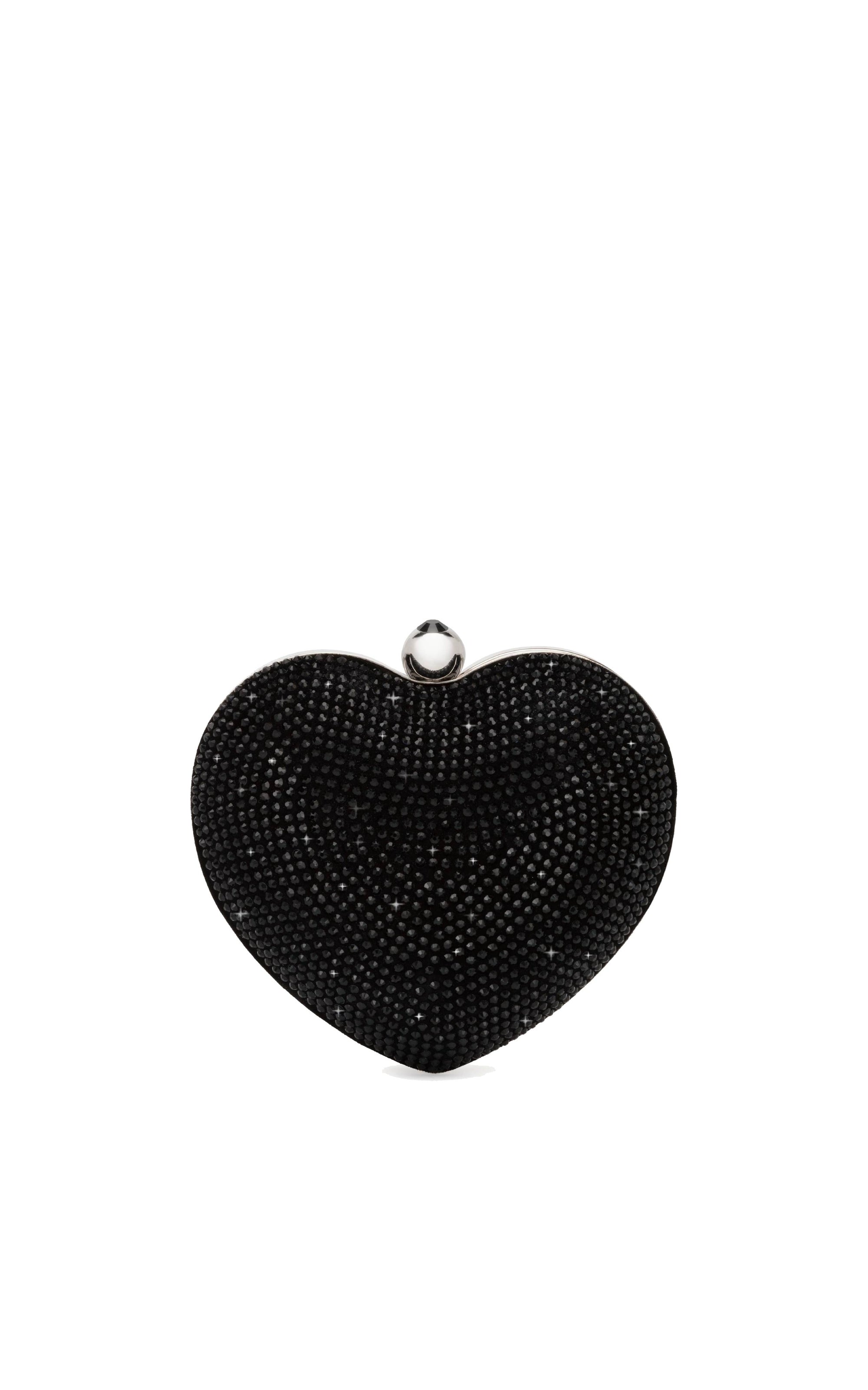 Small Cristal Heart minaudière in leather & rhinestones - Black