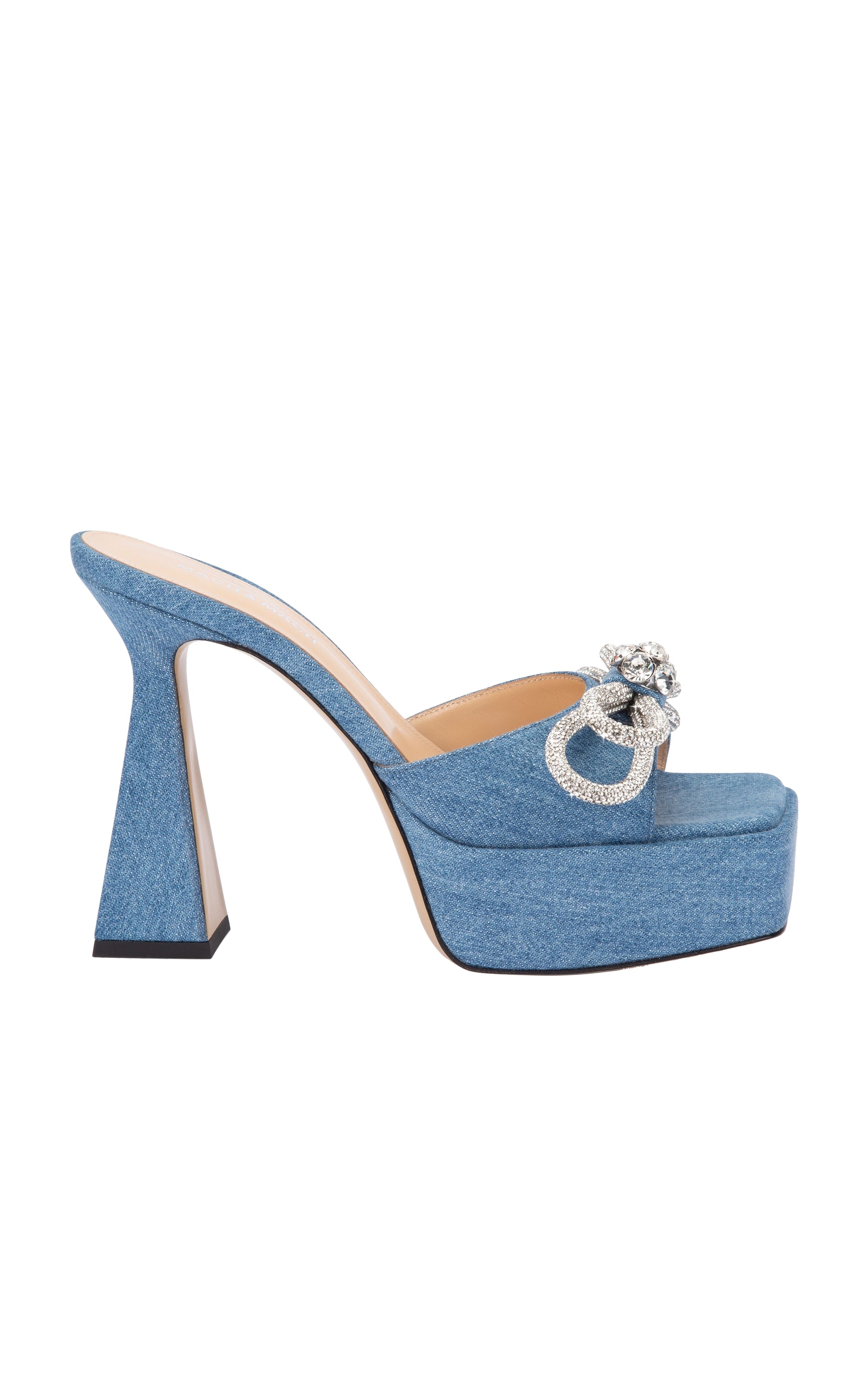 Double Bow 140 platform mules in denim & rhinestone - Denim Blue