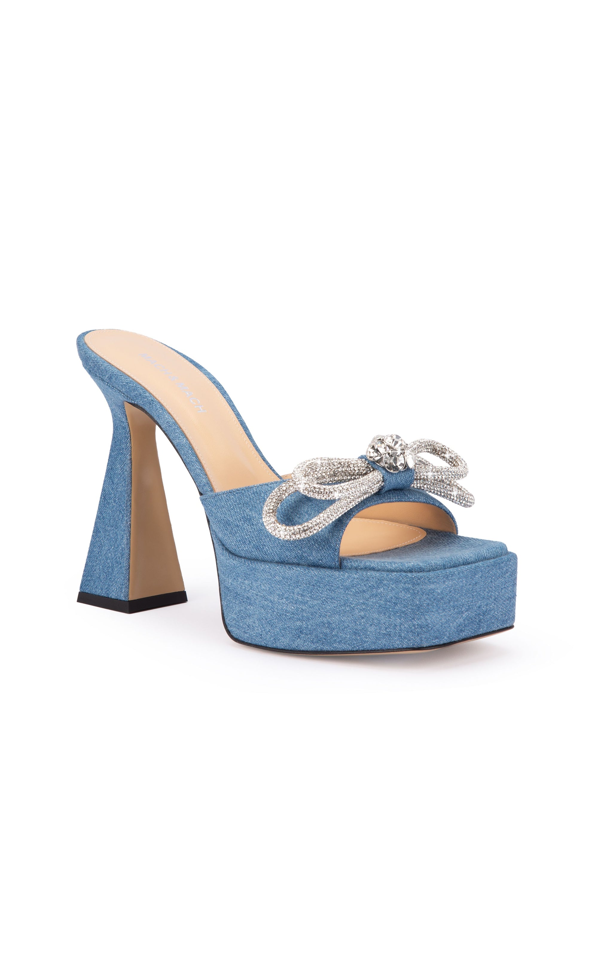 Double Bow 140 platform mules in denim & rhinestone - Denim Blue