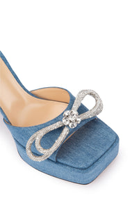 Double Bow 140 platform mules in denim & rhinestone - Denim Blue