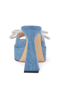 Double Bow 140 platform mules in denim & rhinestone - Denim Blue