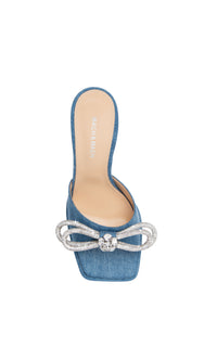 Double Bow 140 platform mules in denim & rhinestone - Denim Blue