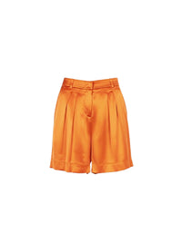 High-waisted silk blend shorts with pleats - Orange