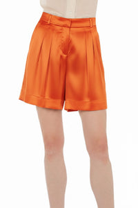 High-waisted silk blend shorts with pleats - Orange