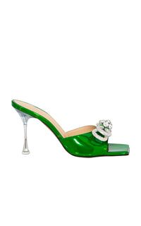 Mules à talon Double Bow 95 en cuir métallisé & strass - Green