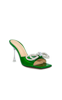 Mules à talon Double Bow 95 en cuir métallisé & strass - Green