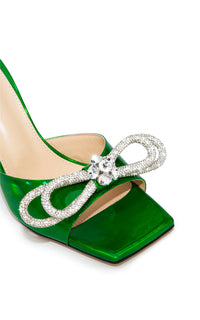 Mules à talon Double Bow 95 en cuir métallisé & strass - Green