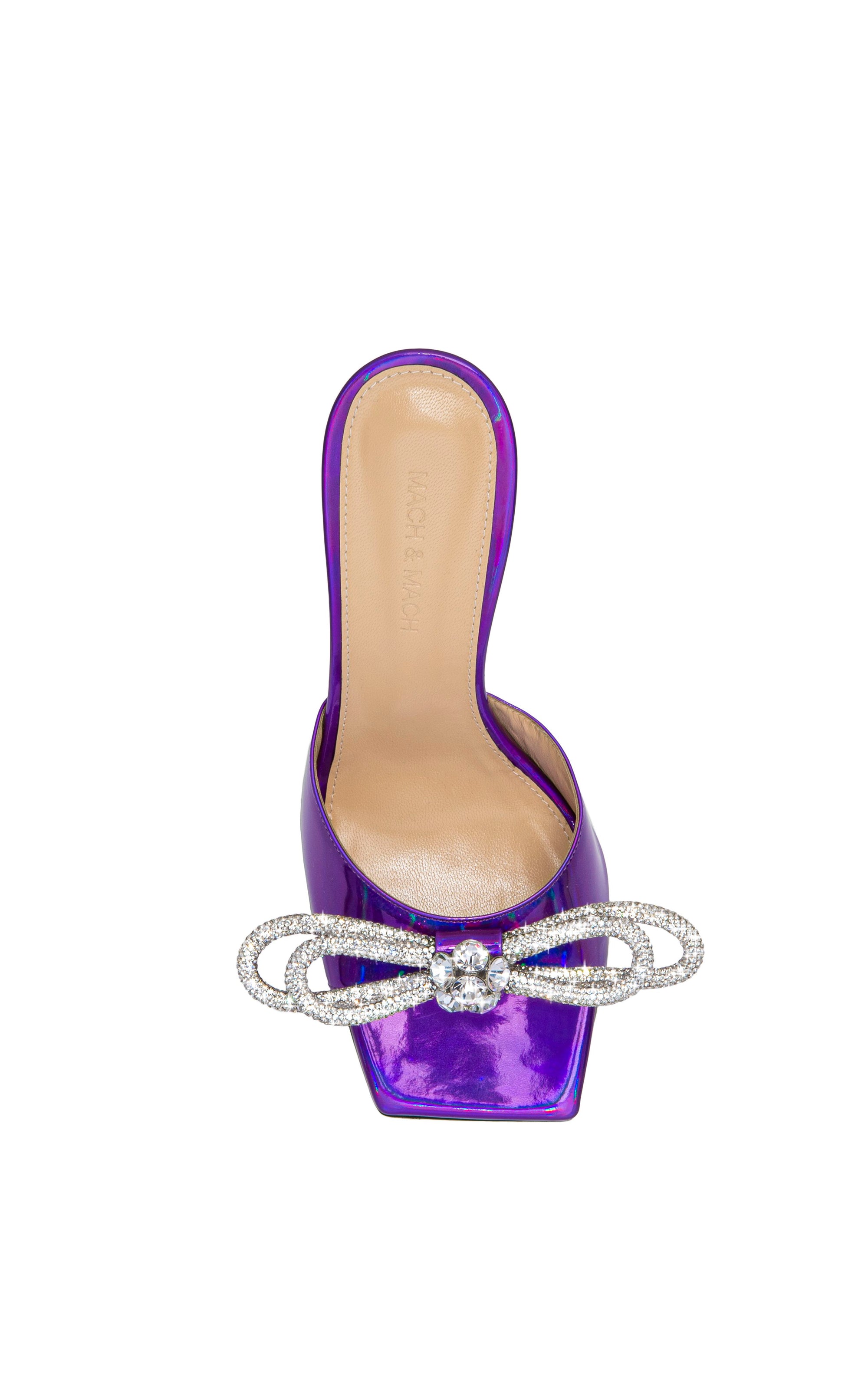 Double Bow 95 mules in metallic leather & rhinestones - Purple
