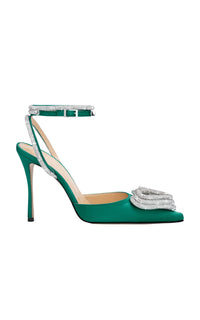 Triple Heart 110 strappy pumps in silk & strass - Emerald Green