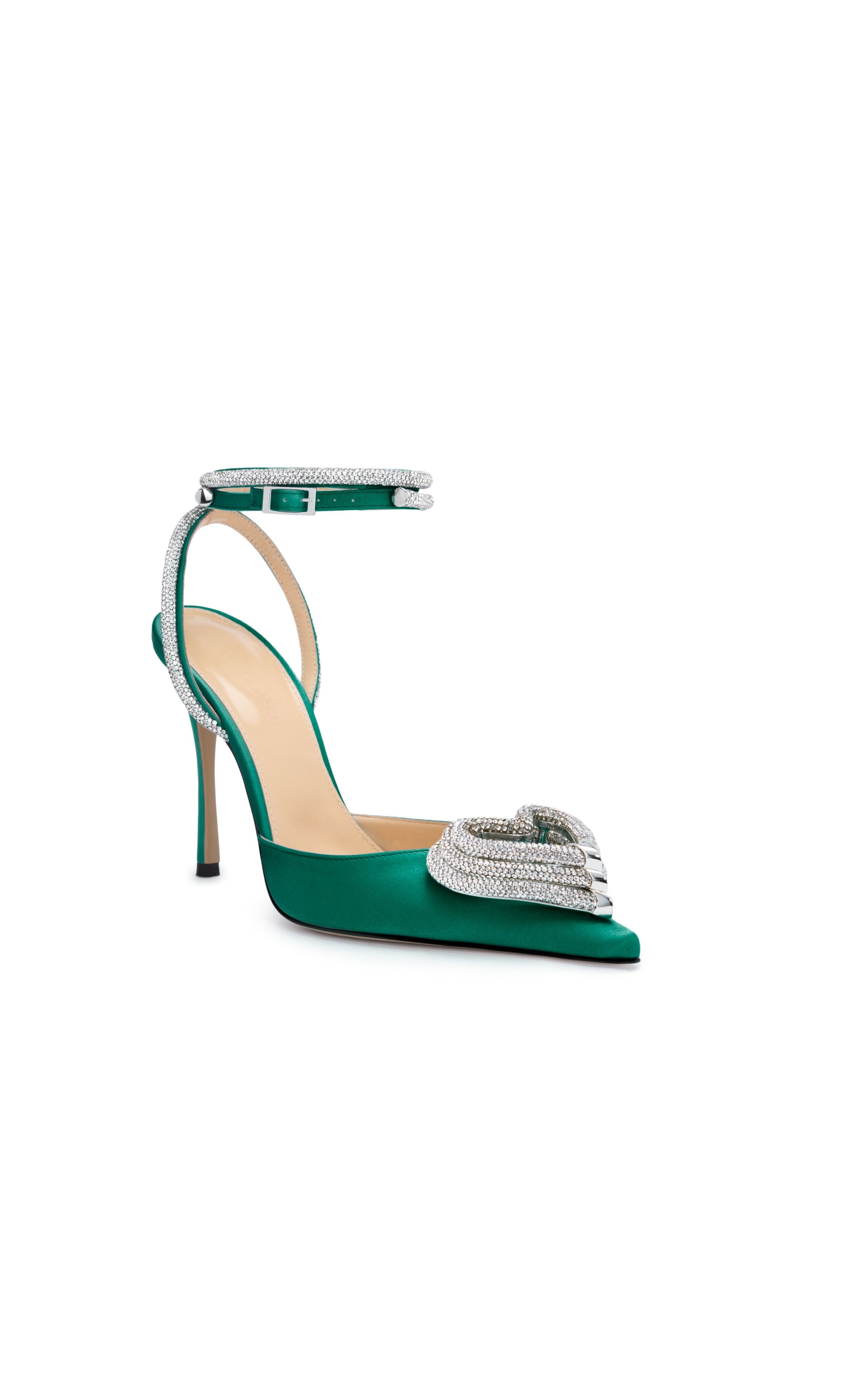 Triple Heart 110 strappy pumps in silk & strass - Emerald Green