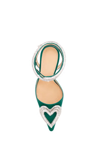 Triple Heart 110 strappy pumps in silk & strass - Emerald Green