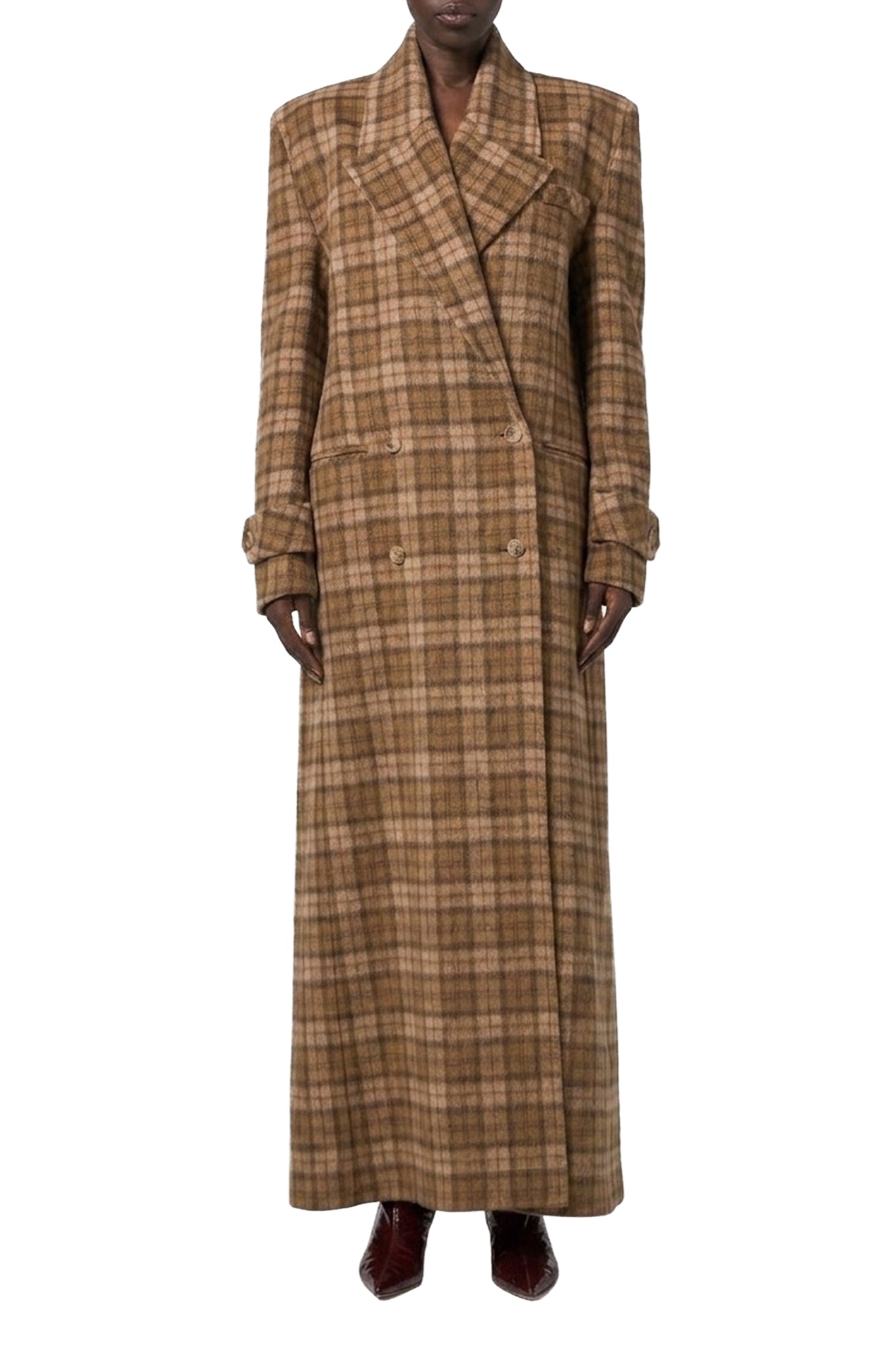 Manteau long à carreaux en laine - Camel