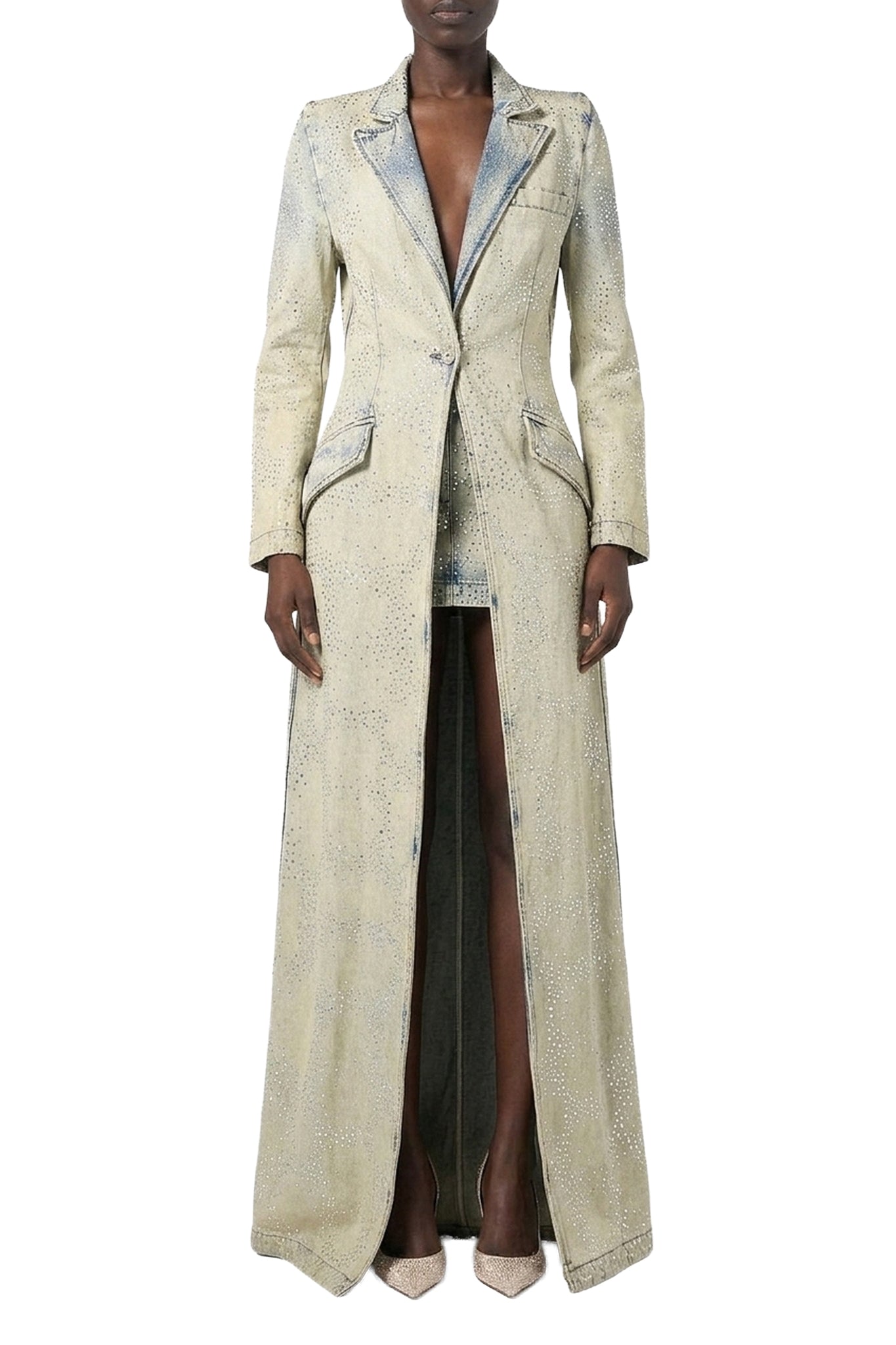 Manteau long à strass en denim - Beige