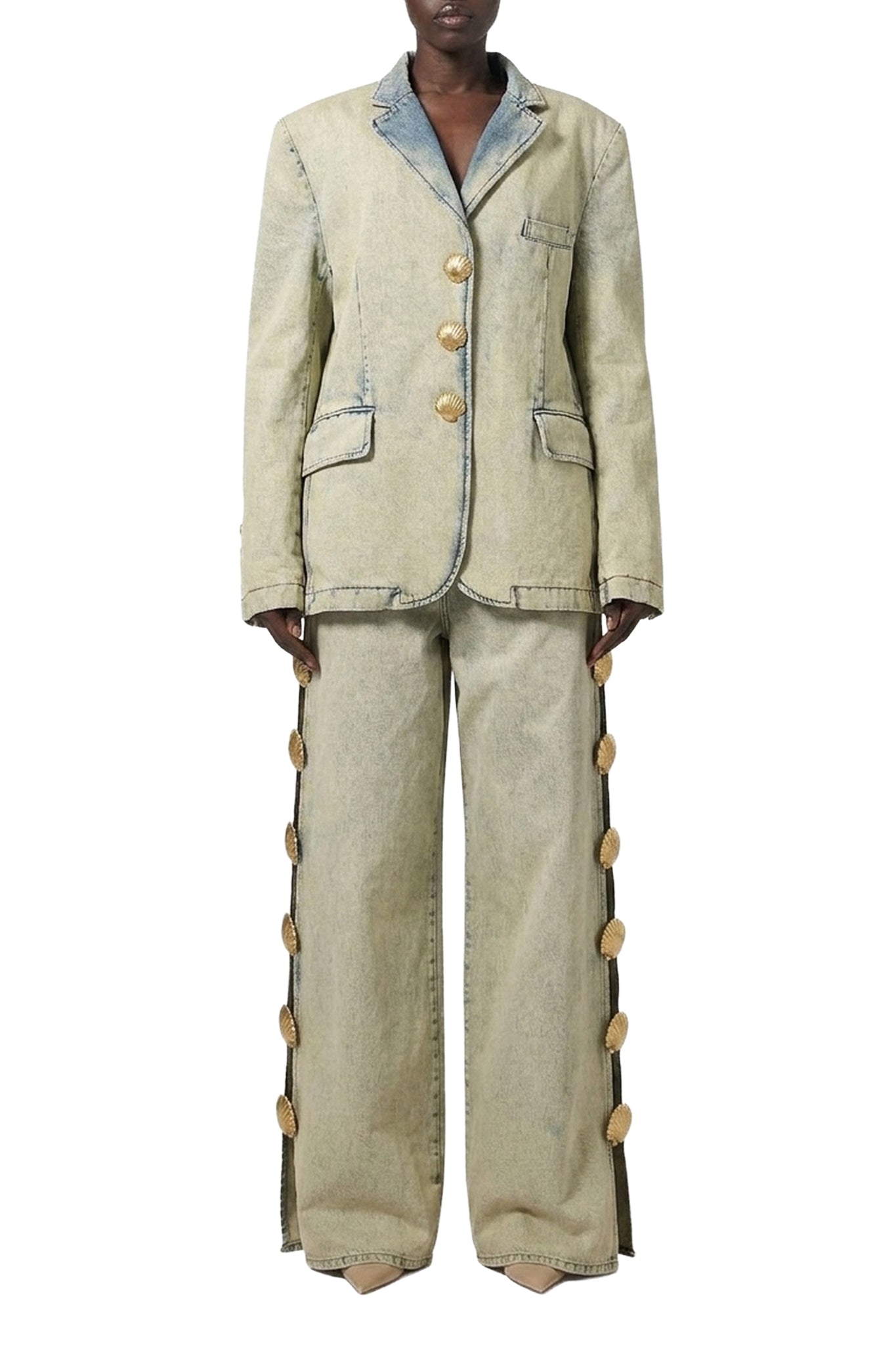 Veste blazer à boutons coquillage en denim - Beige