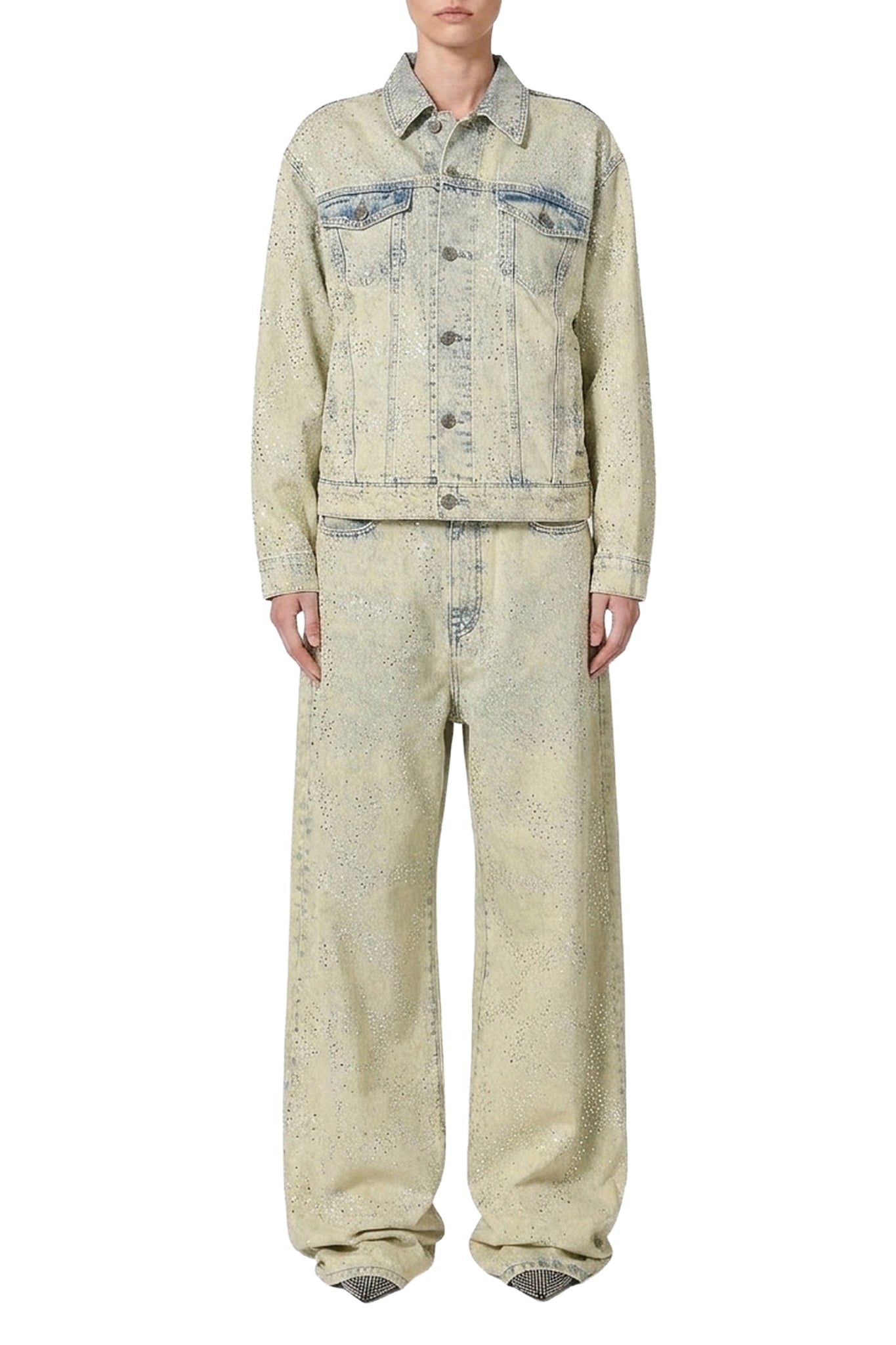 Pantalon orné de strass en denim - Beige