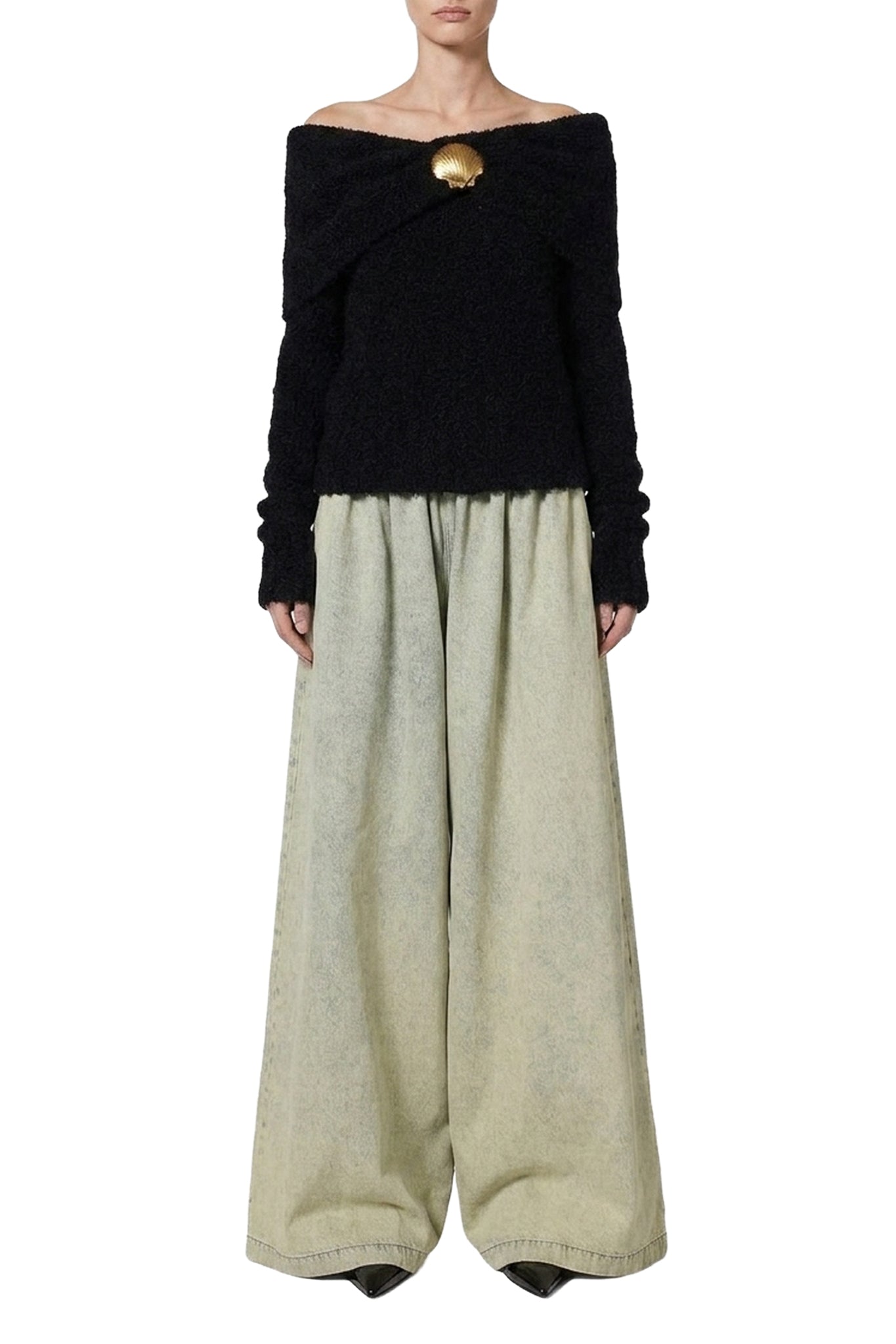 Pantalon large en denim délavé - Beige