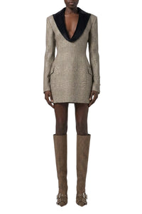 Robe courte tailleur à carreaux et col V en laine - Brown