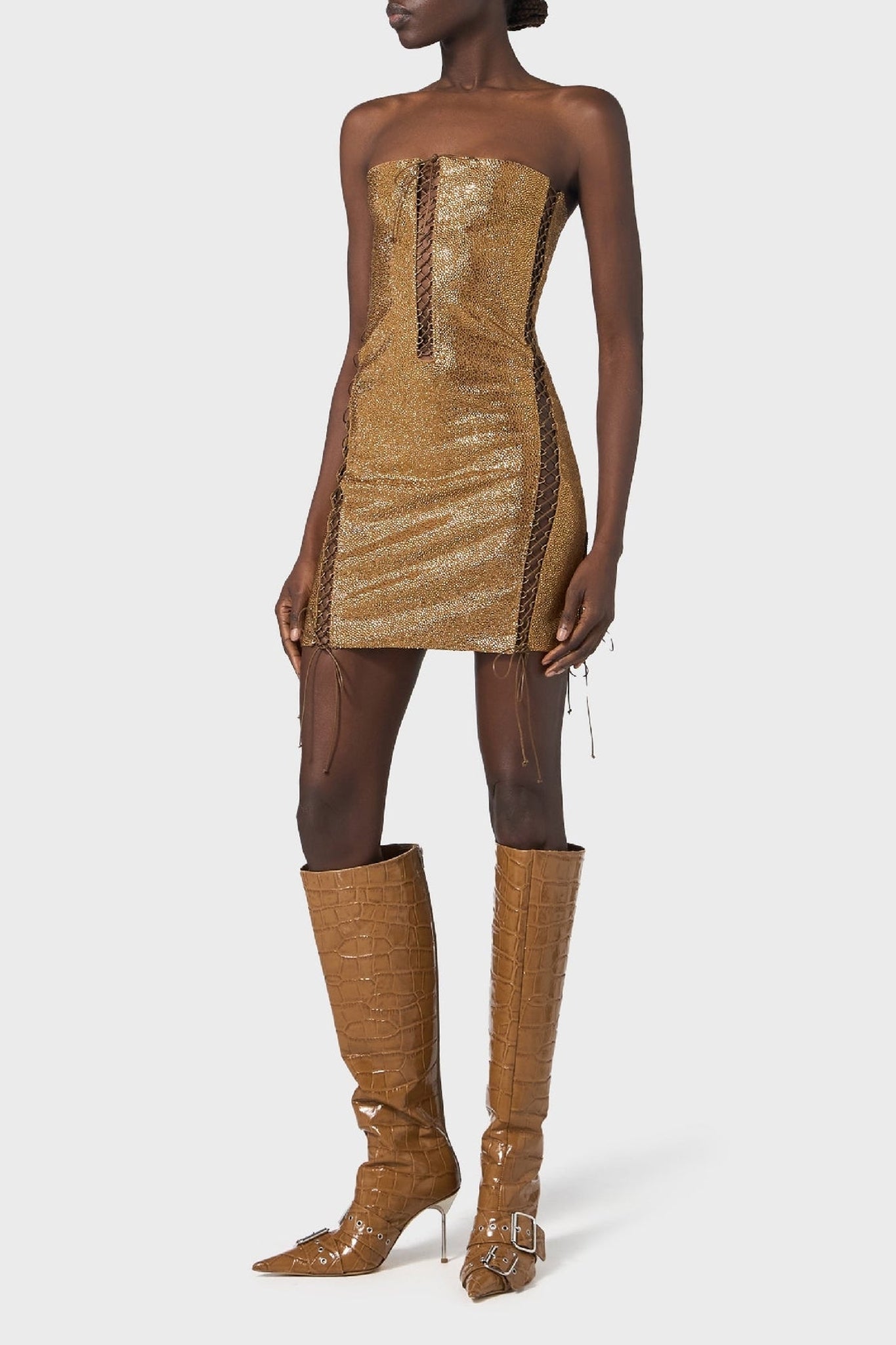 Robe mini à cristaux à motif croisé - Camel