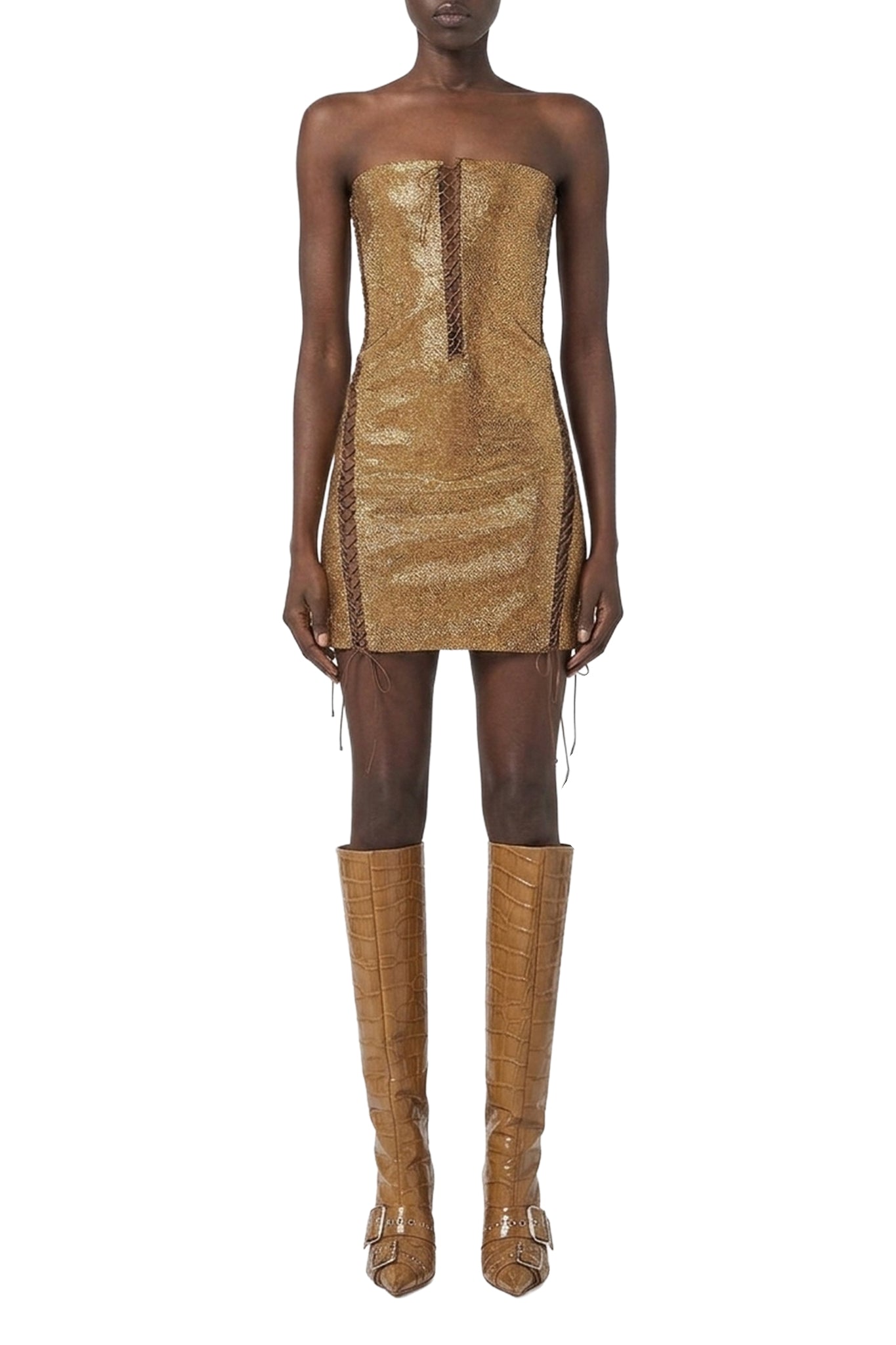 Robe mini à cristaux à motif croisé - Camel