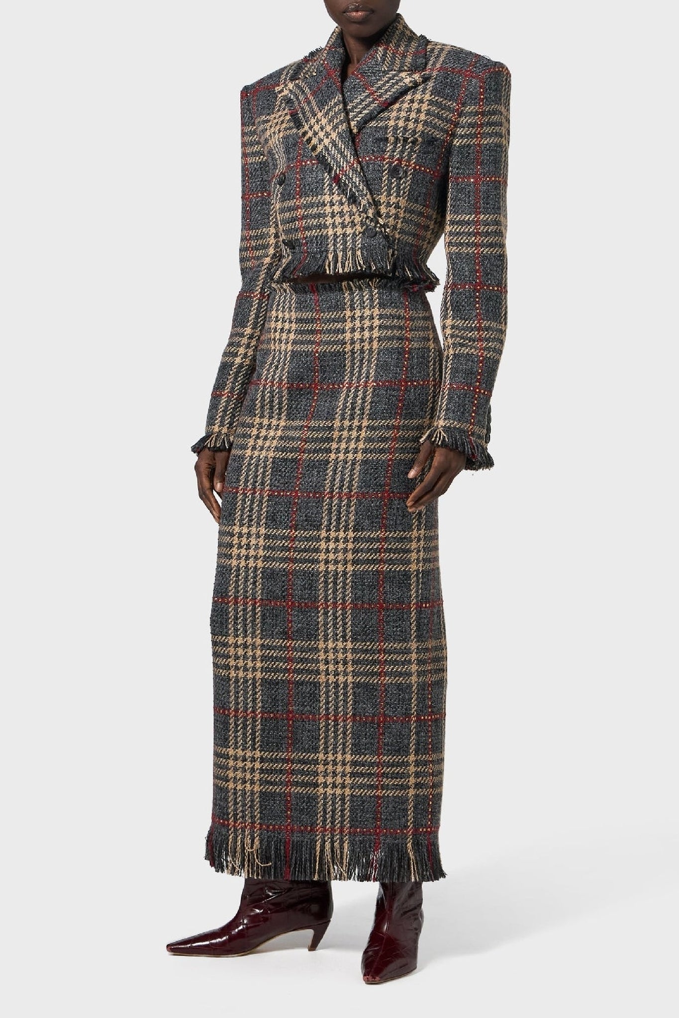 Blazer court imprimé tartan en laine - Grey