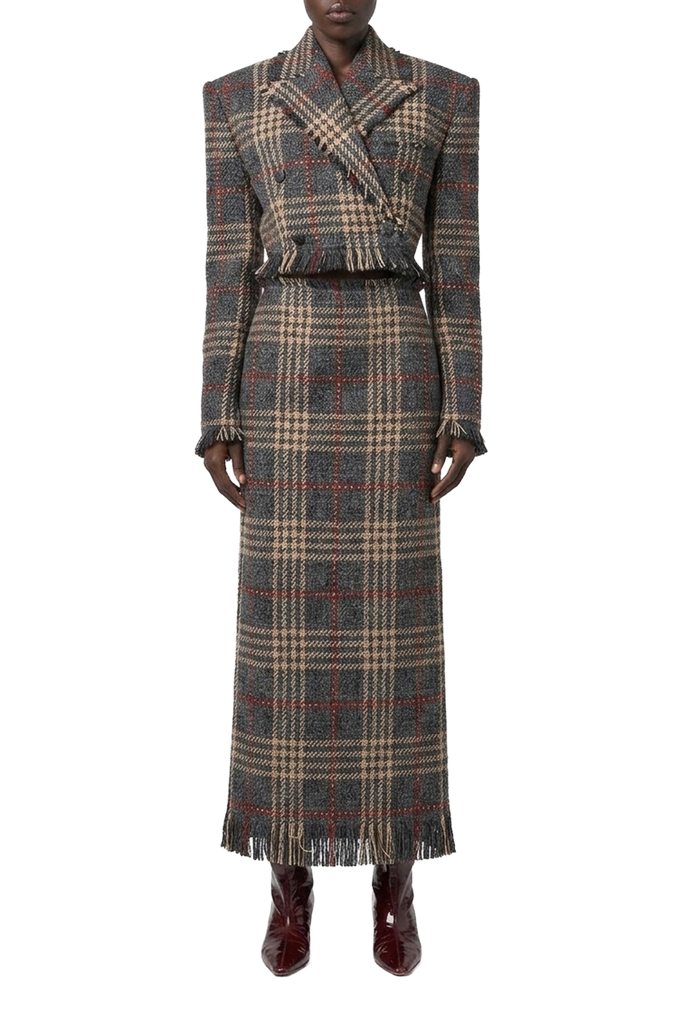 Blazer court imprimé tartan en laine - Grey