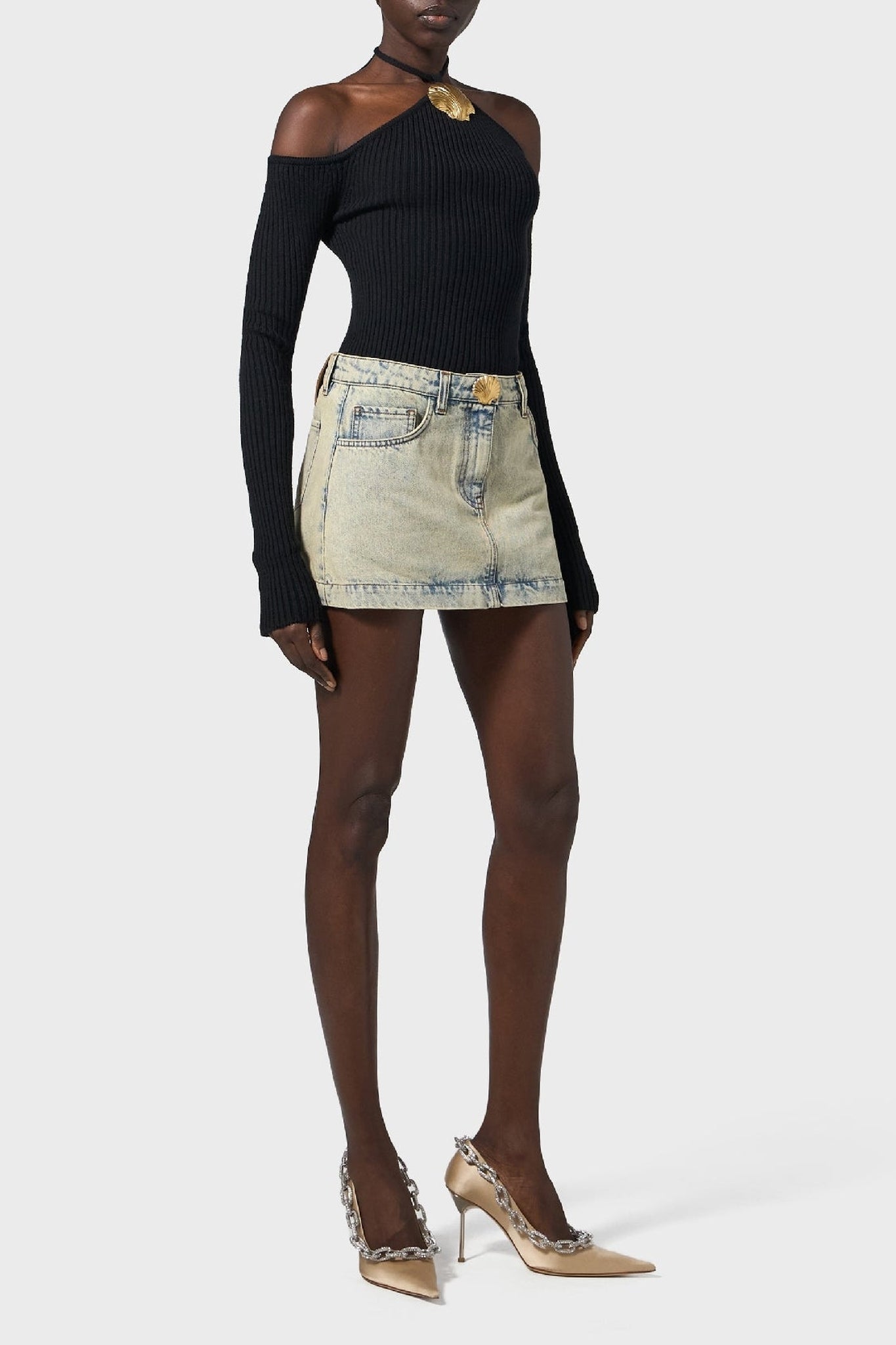 Top à broches coquillage en laine - Black