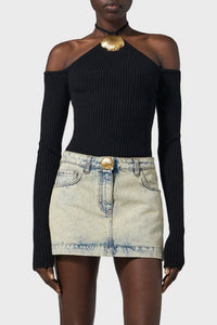 Top à broches coquillage en laine - Black