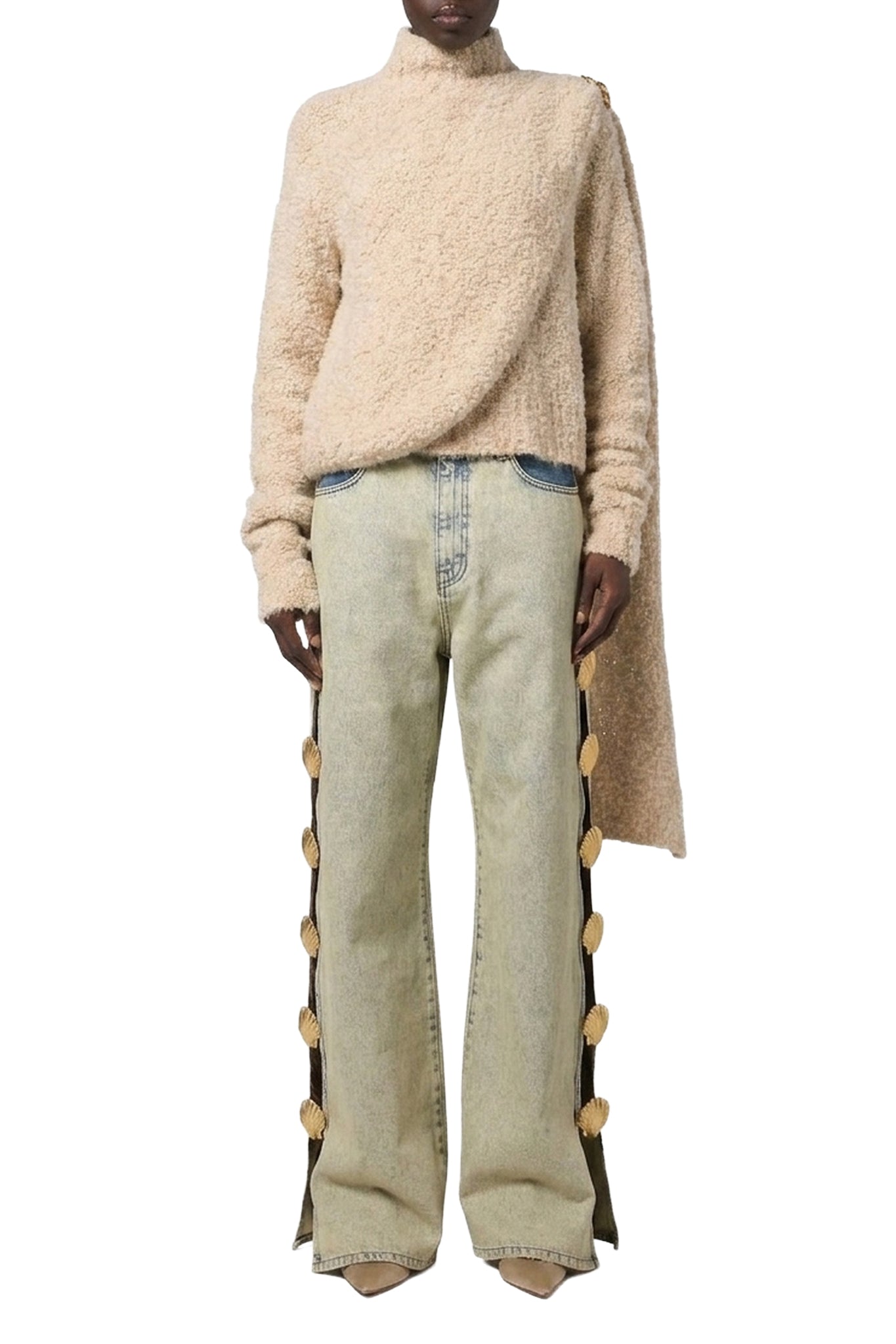 Pull avec détail écharpe à l’épaule en laine - Beige